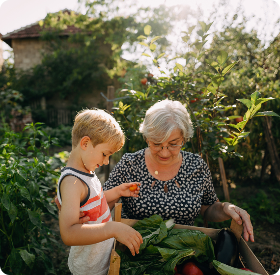 Image of grandparent and child gardening together