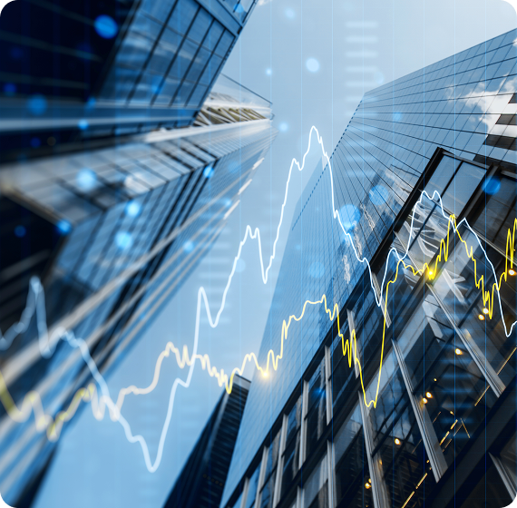 Image of abstract city buildings with chart overlay.