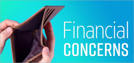 An image depicting the words, "Financial concerns", with two hands opening up a brown wallet, showing that the wallet is almost empty.