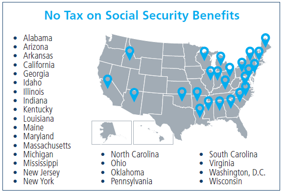 A map shows the states that do not tax social security benefits