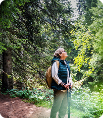 A photo of a person hiking in the woods
